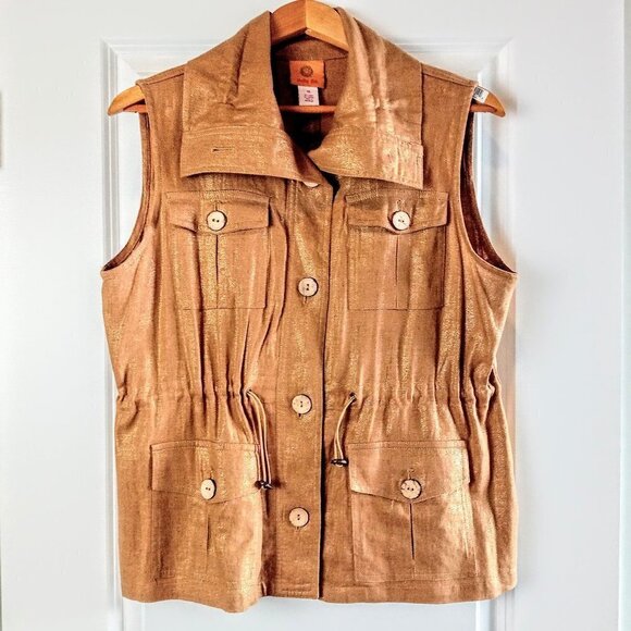 Ruby Rd. Shimmery Gold Tan Linen Button-Down Vest - Picture 1 of 6